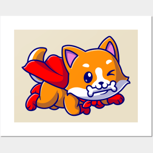 Cute Corgi Dog Super Bite Bone Cartoon Posters and Art